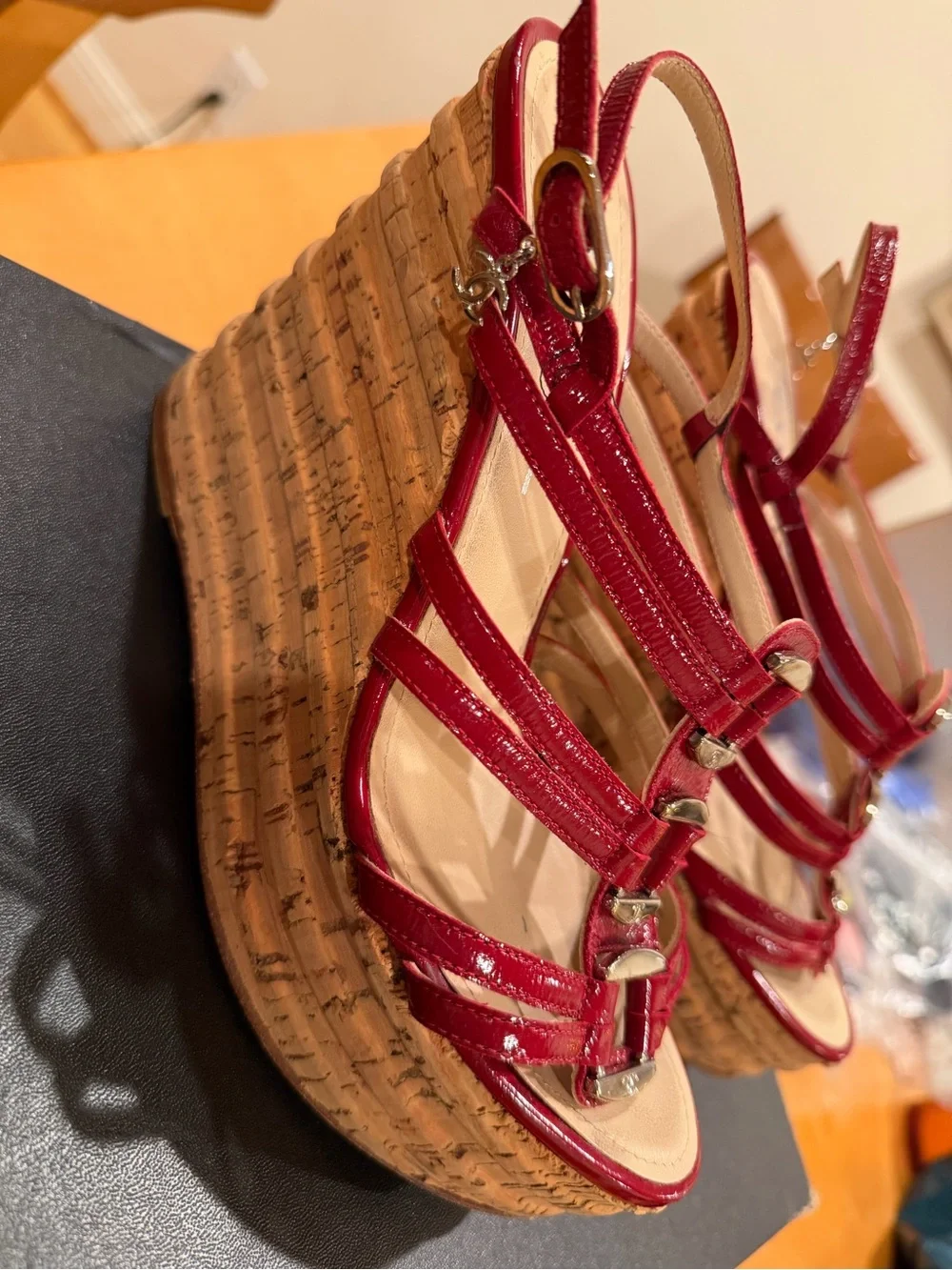 CHANEL Red Patent Leather Cork Wedge Sandals with Strappy Slingback